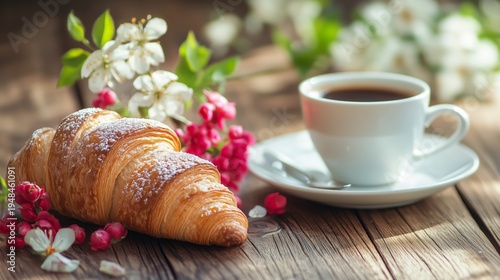 Fresh Croissant and Cup of Coffee With Flowers in a Cozy Setting During Morni...