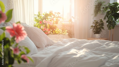 Morning Light Shines on Bed With Flowers Near Window in Bright Room