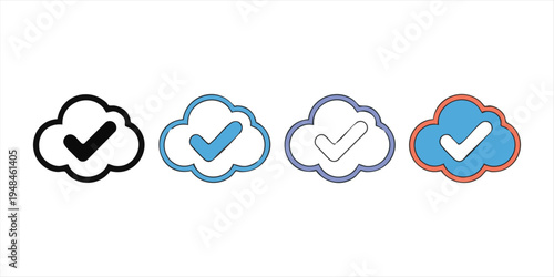 Cloud check mark icon set with different styles and colors, verified cloud icon vector illustration