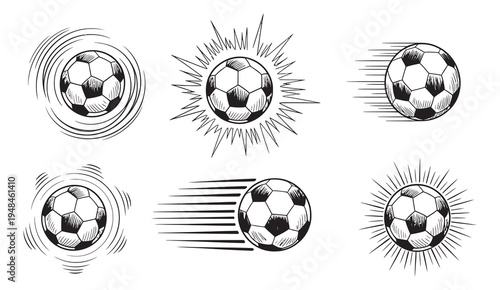 Sketched soccer ball icons vector set, motion lines illustration, football game symbols, sports icons collection isolated on white background