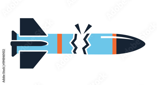 Stylized illustration of a broken or fractured missile with red and blue accents