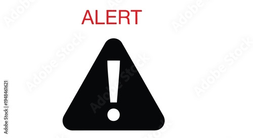 Black triangle with exclamation mark and red alert text on white background