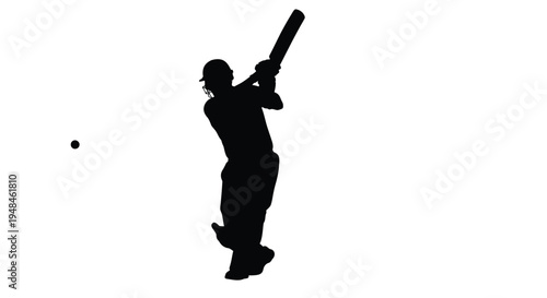 Silhouette of a cricket batsman in mid swing against a plain white background