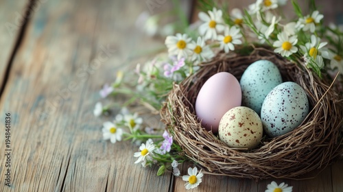 Colorful Eggs in a Nest Surrounded by Flowers on a Wooden Surface During Spri...