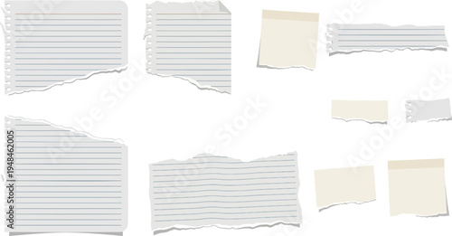 Crumpled lined notebook paper vector set with torn memo sheets, ripped note scraps and blank collage elements