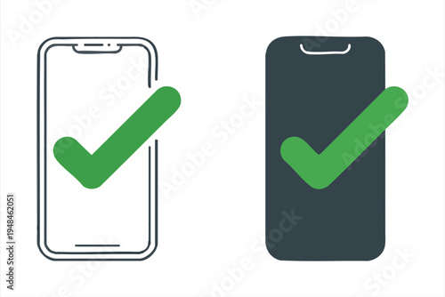 Smartphone with green check mark symbol, verifying success and approval on mobile devices