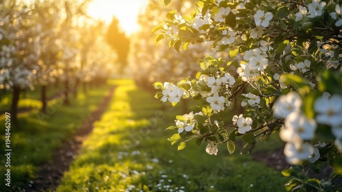 Flowers Bloom in Orchard During Sunset Near Trees With Soft Light Shining
