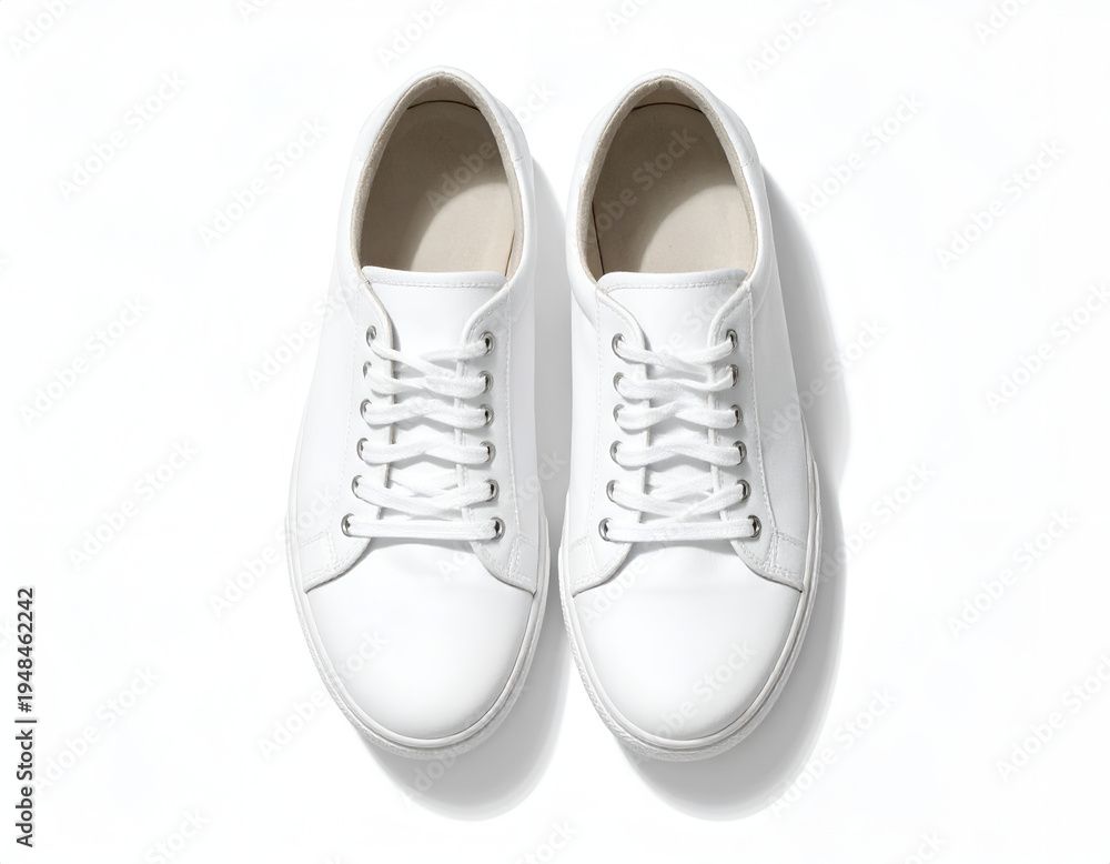 Fototapeta premium Clean white leather low-top lace-up sneakers against a bright white background