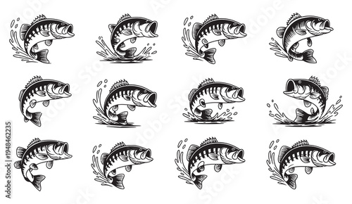 Jumping fish silhouette icon set, vector illustration, aquatic animal symbols, marine life icons collection isolated on white background