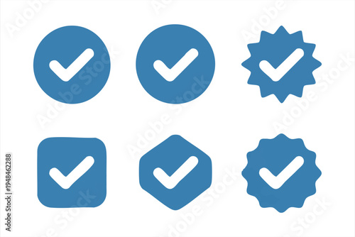 Various blue verified badges with check mark, approved symbols in different shapes