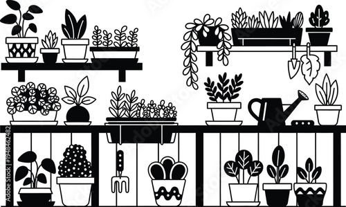 black and white illustration of plants on shelves