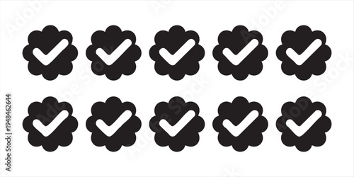 Verified badge icons set with check marks in scalloped circles for social media account validation