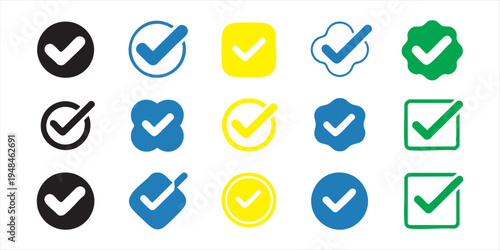 Check mark icons collection in various shapes and colors including green yellow and blue symbols set