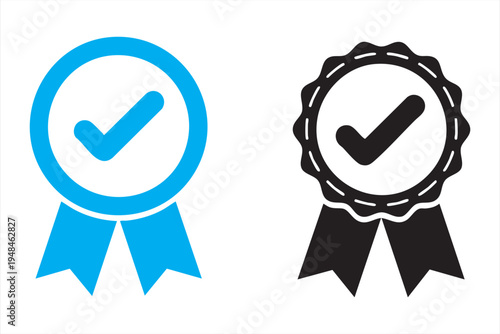 Pair of vector icons displaying a certified badge with a checkmark, one in blue, one in black