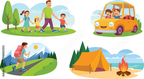 Happy family outdoor activities hiking camping road trip children playing nature adventure summer vacation fun lifestyle illustrations flat vector illustration