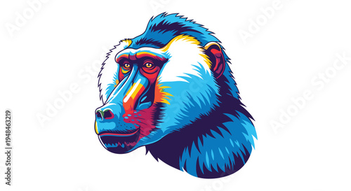 Striking graphic illustration of a baboon's head in vibrant, stylized colors, emphasizing its distinct facial features and powerful presence.
