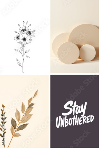 A four part collage featuring floral sketches, textured circles, dried leaves and a bold quote text