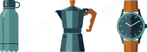 Vector illustration of isolated water bottle, moka pot coffee maker, and wristwatch with leather strap on white background flat vector illustration