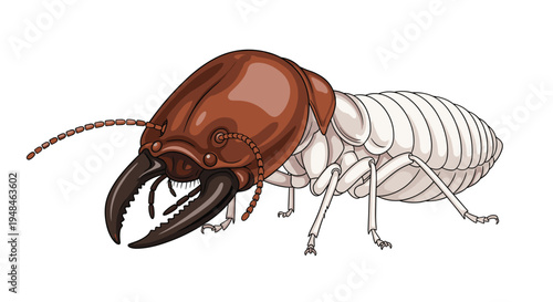 Detailed illustration of a termite soldier, featuring its large, menacing mandibles and armored head, an essential part of its colony.