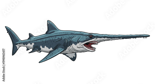 Dynamic illustration of a sawfish shark, showcasing its distinctive long, saw-like snout lined with teeth and fierce open mouth.