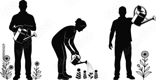 Vector silhouette set of gardeners watering plants and flowers with watering cans featuring men and woman for gardening and landscaping projects