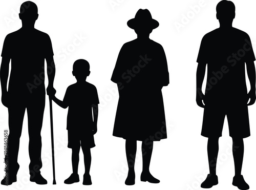 Vector silhouette set featuring diverse family members including a man with a cane, a child, an elderly woman, and a father