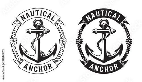 Vintage nautical anchor badge vector logo, maritime sailing emblem illustration, classic anchor symbol design, isolated on white background