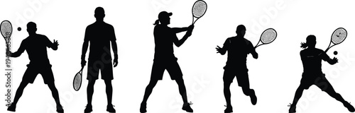 Vector silhouette set of tennis players featuring men and women in various action poses like serving, hitting backhand, and volleying