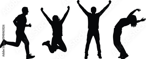 Vector silhouette set of people in motion featuring men and women running, jumping for joy, celebrating success, and dancing actively