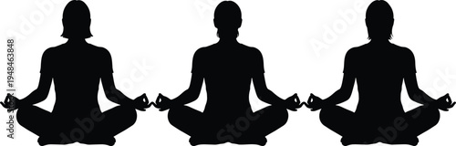 Vector silhouette of three women practicing yoga in lotus position for meditation, wellness, mindfulness, and healthy lifestyle concept art illustration