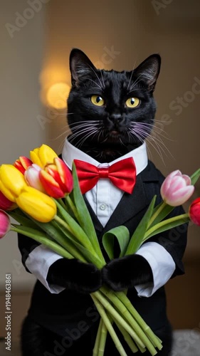 Black cat wearing a tuxedo holding colorful tulips indoors  