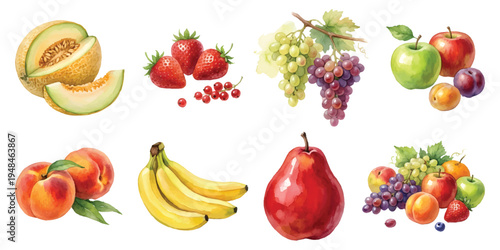 Watercolor set of fruits like melon, strawberries, grapes, apples, peaches, bananas, and pear, isolated on transparent background