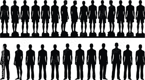 Vector silhouette set of male fashion croquis featuring front and side view poses in shorts and trousers for technical garment sketches