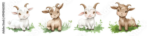 Watercolor set of cute baby goats sitting and standing in grass isolated on transparent background