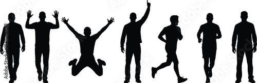 Vector silhouette set of men in various active poses including jumping, running, walking, and celebrating, perfect for fitness and lifestyle designs