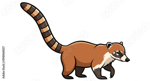 Agile coati with its distinctive long, banded tail and slender snout, walking gracefully across a white background, a South American mammal.