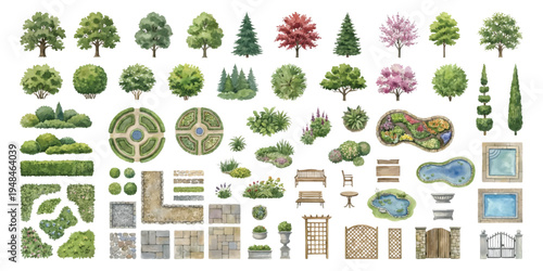 Watercolor set of landscape architecture garden elements trees bushes pathways pools and gates isolated on transparent background