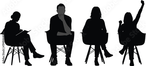 Silhouettes of people sitting in chairs including a woman taking notes, a man thinking, and a student raising her hand.