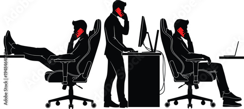 Silhouettes of businessmen working in an office, using smartphones with red highlights, sitting in ergonomic chairs, and using standing desks.