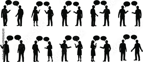 Collection of silhouettes featuring men and women talking with speech bubbles, representing business communication, social dialogue, networking, and group discussion concepts.