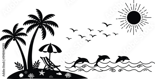 Black and white beach scene with palm trees and sun