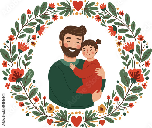 A bearded man tenderly holding a little girl in a floral wreath illustration