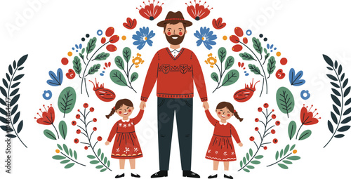 A bearded man in red standing with two little girls in floral dresses and a colorful flower archway behind them