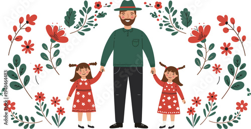 A man standing with two young girls surrounded by colorful flowers and leaves in a heart shape