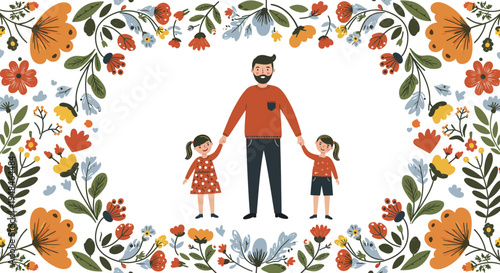 A man holding hands with two children surrounded by a colorful floral border