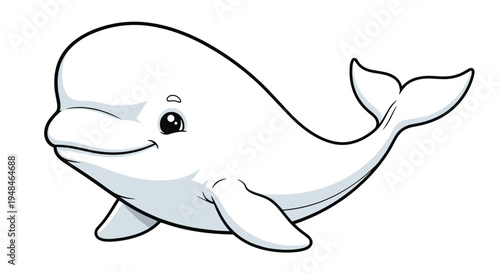Cute black and white outline illustration of a beluga whale, featuring a friendly smile and big eyes, suitable for coloring books.