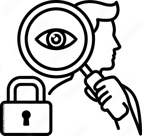 Data Privacy and Cyber Security Concept, Businessman with Magnifying Glass Eye and Padlock, Surveillance and Information Protection Vector Illustration