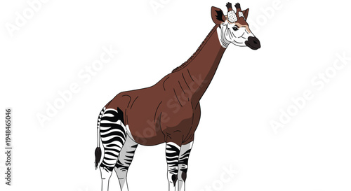 Striking okapi with its distinctive zebra-like stripes on its legs and hindquarters, showcasing this elusive forest giraffe of Africa.
