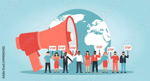 People protesting with megaphone globally united.