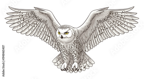 Majestic snowy owl in full flight with widespread wings, showcasing its pristine white plumage and piercing yellow eyes, a powerful arctic hunter.